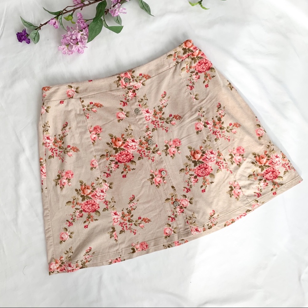 Faux Suede button down Flower print mini skirt